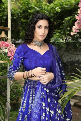 Dark-blue printed art silk semi stitched lehenga 1