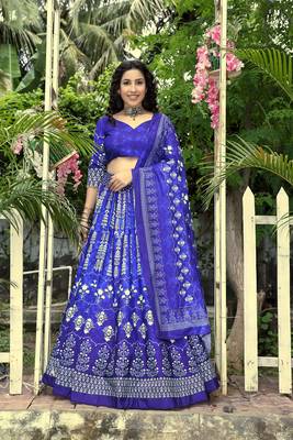Dark-blue printed art silk semi stitched lehenga 4