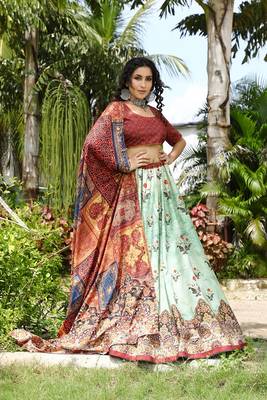 Multicolor printed art silk semi stitched lehenga 2