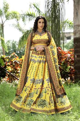 Yellow printed art silk semi stitched lehenga 2