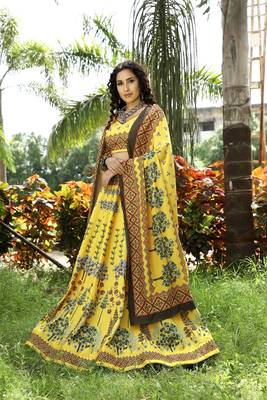 Yellow printed art silk semi stitched lehenga 3