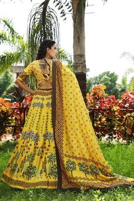 Yellow printed art silk semi stitched lehenga 4