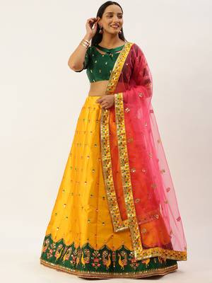 Mustard Colour Satin Silk A-line Semi-Stitched Lehenga & Unstitched Blouse With Dupatta 1