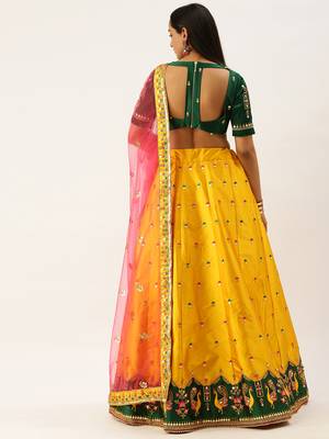 Mustard Colour Satin Silk A-line Semi-Stitched Lehenga & Unstitched Blouse With Dupatta 2