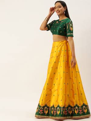 Mustard Colour Satin Silk A-line Semi-Stitched Lehenga & Unstitched Blouse With Dupatta 3