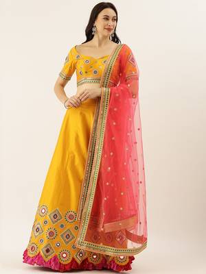 Mustard Colour Satin Silk A-line Semi-Stitched Lehenga & Unstitched Blouse With Dupatta 1