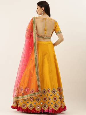 Mustard Colour Satin Silk A-line Semi-Stitched Lehenga & Unstitched Blouse With Dupatta 2