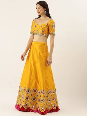 Mustard Colour Satin Silk A-line Semi-Stitched Lehenga & Unstitched Blouse With Dupatta 3