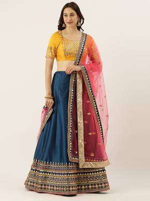 Navy Blue Colour Satin Silk A-line Semi-Stitched Lehenga & Unstitched Blouse With Dupatta 1