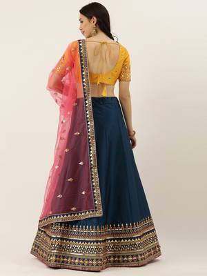 Navy Blue Colour Satin Silk A-line Semi-Stitched Lehenga & Unstitched Blouse With Dupatta 2