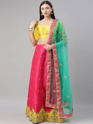 Pink Embroidered Satin Silk Semi-Stitched Lehenga & Unstitched Blouse With Dupatta 1