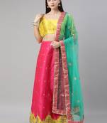 Pink Embroidered Satin Silk Semi-Stitched Lehenga & Unstitched Blouse With Dupatta