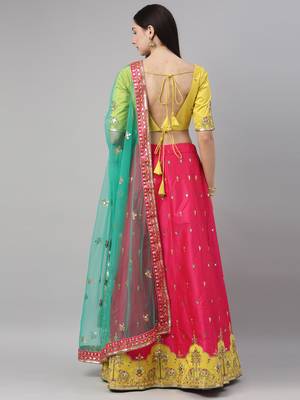 Pink Embroidered Satin Silk Semi-Stitched Lehenga & Unstitched Blouse With Dupatta 2