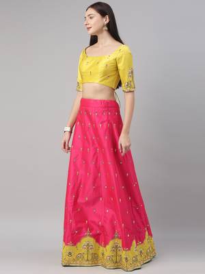 Pink Embroidered Satin Silk Semi-Stitched Lehenga & Unstitched Blouse With Dupatta 3