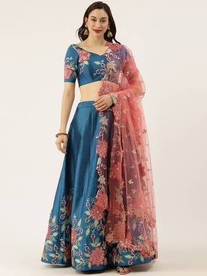 Teal Colour Satin Silk A-line Semi-Stitched Lehenga & Unstitched Blouse With Dupatta 1