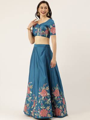 Teal Colour Satin Silk A-line Semi-Stitched Lehenga & Unstitched Blouse With Dupatta 2