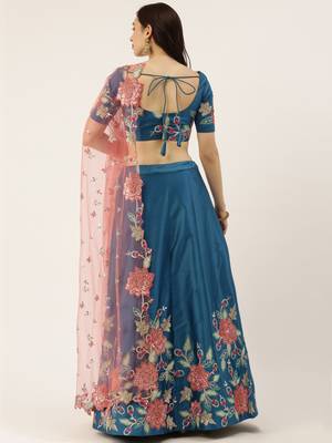Teal Colour Satin Silk A-line Semi-Stitched Lehenga & Unstitched Blouse With Dupatta 3