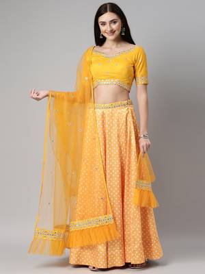 Yellow Bandhani print Silk Semi-Stitched Lehenga & Unstitched Blouse With Dupatta 1