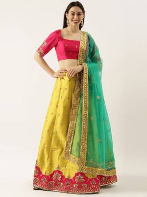 Yellow Embroidered Satin Silk Semi-Stitched Lehenga & Unstitched Blouse With Dupatta 1