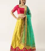 Yellow Embroidered Satin Silk Semi-Stitched Lehenga & Unstitched Blouse With Dupatta