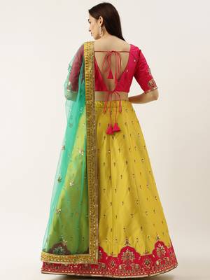 Yellow Embroidered Satin Silk Semi-Stitched Lehenga & Unstitched Blouse With Dupatta 2