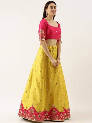Yellow Embroidered Satin Silk Semi-Stitched Lehenga & Unstitched Blouse With Dupatta 3