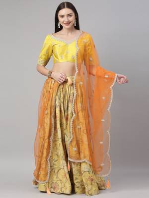 Yellow Floral print Silk Semi-Stitched Lehenga & Unstitched Blouse With Dupatta 1
