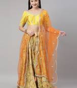 Yellow Floral print Silk Semi-Stitched Lehenga & Unstitched Blouse With Dupatta
