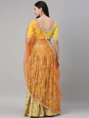 Yellow Floral print Silk Semi-Stitched Lehenga & Unstitched Blouse With Dupatta 2