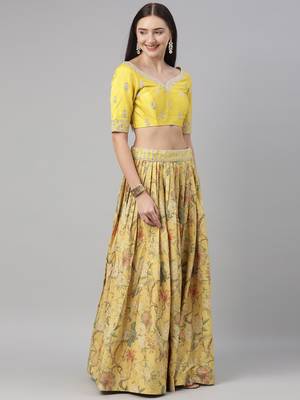 Yellow Floral print Silk Semi-Stitched Lehenga & Unstitched Blouse With Dupatta 3