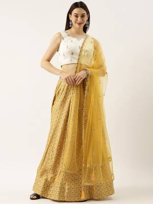 Yellow Satin Silk Print Semi-Stitched Lehenga & Unstitched Blouse With Dupatta 1