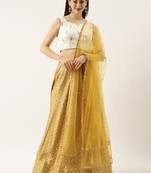 Yellow Satin Silk Print Semi-Stitched Lehenga & Unstitched Blouse With Dupatta
