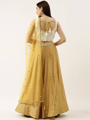 Yellow Satin Silk Print Semi-Stitched Lehenga & Unstitched Blouse With Dupatta 2