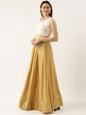 Yellow Satin Silk Print Semi-Stitched Lehenga & Unstitched Blouse With Dupatta 3