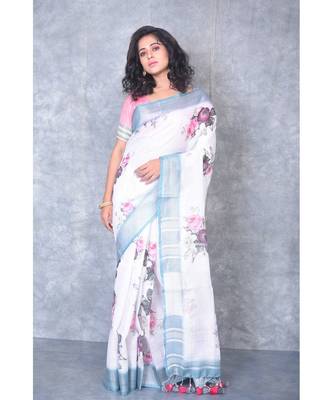 multicolor Handloom Linen digital print sarees 1