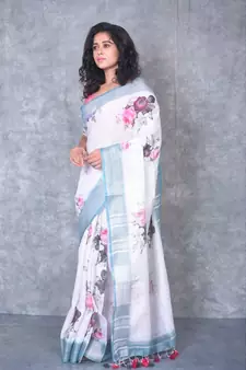 multicolor Handloom Linen digital print sarees