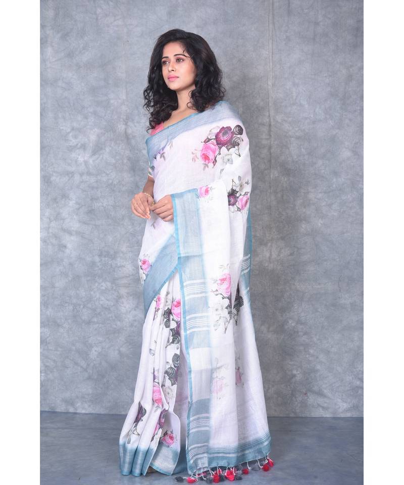 multicolor Handloom Linen digital print sarees