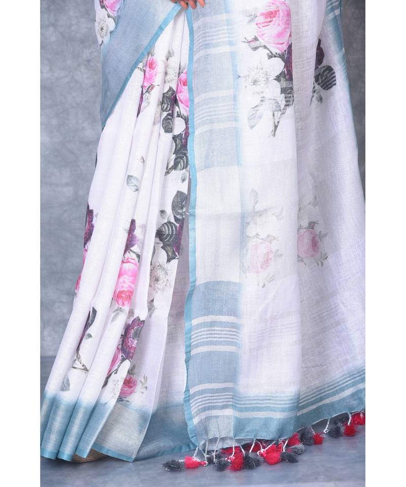 multicolor Handloom Linen digital print sarees