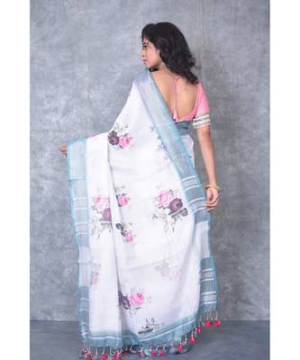 multicolor Handloom Linen digital print sarees 4