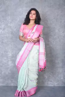 multicolor Handloom Linen digital print sarees