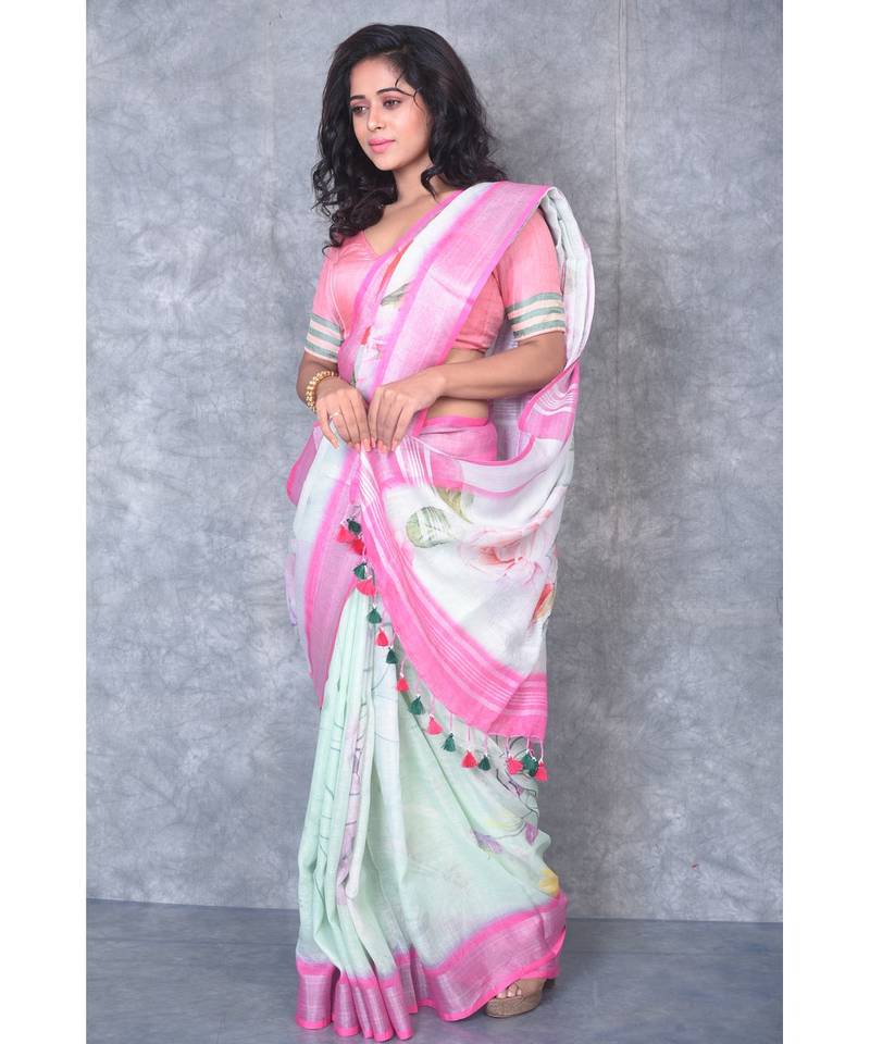 multicolor Handloom Linen digital print sarees