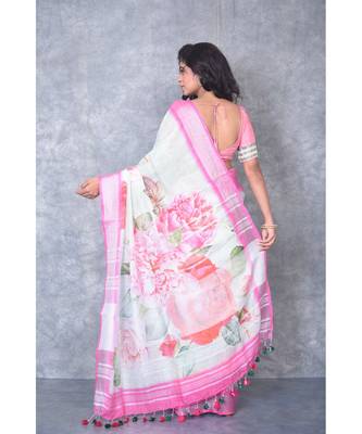 multicolor Handloom Linen digital print sarees 3