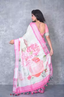 multicolor Handloom Linen digital print sarees