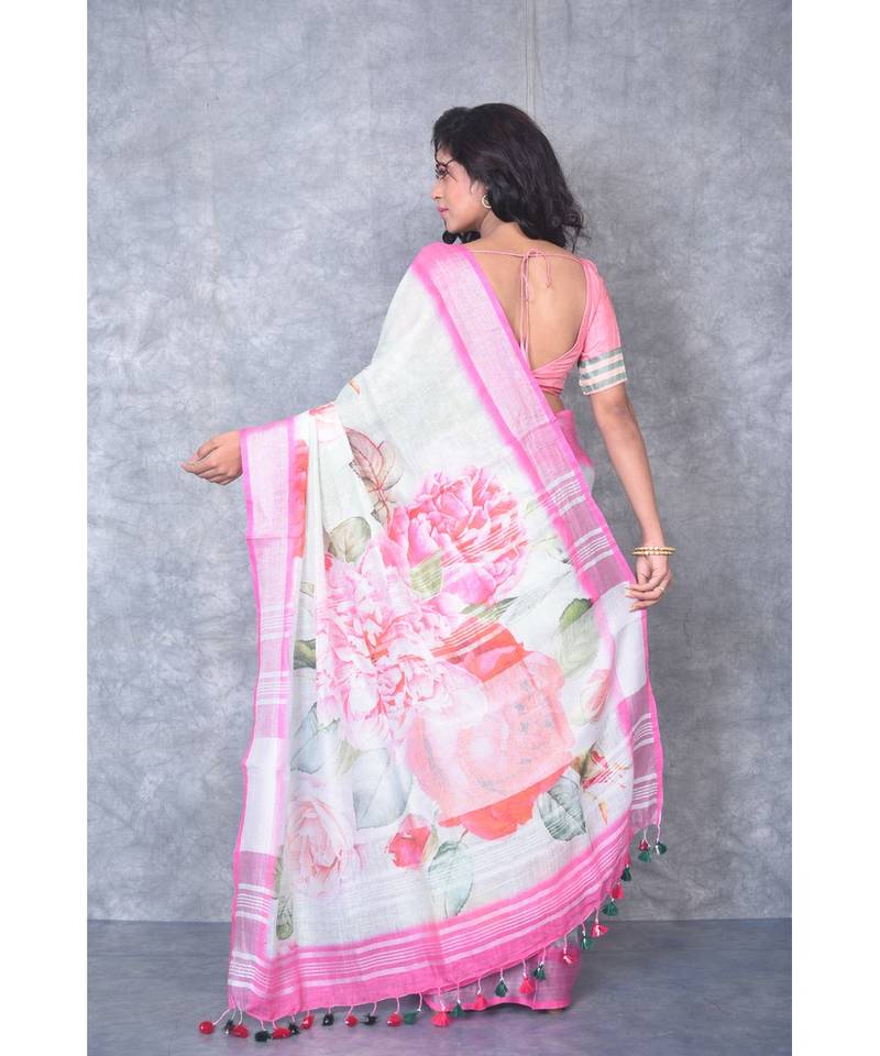 multicolor Handloom Linen digital print sarees