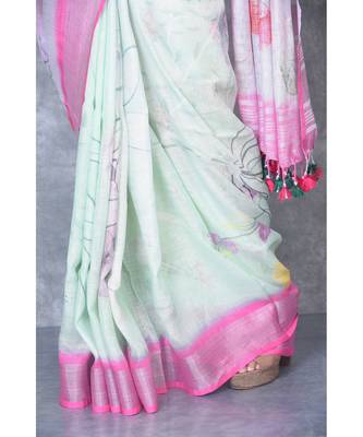 multicolor Handloom Linen digital print sarees 4