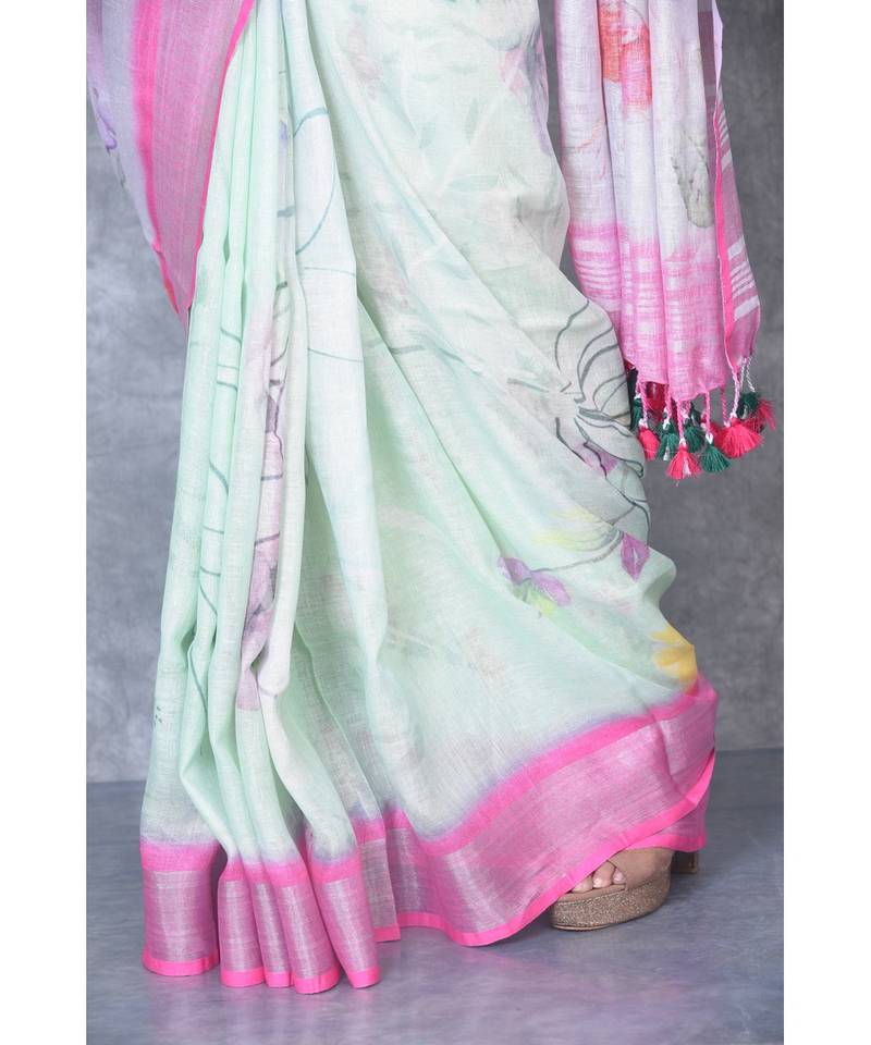 multicolor Handloom Linen digital print sarees
