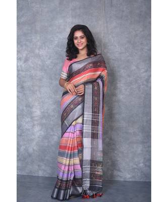 multicolor Handloom Linen digital print sarees 1