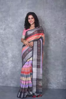multicolor Handloom Linen digital print sarees