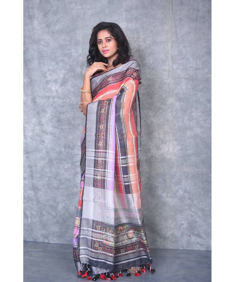 multicolor Handloom Linen digital print sarees