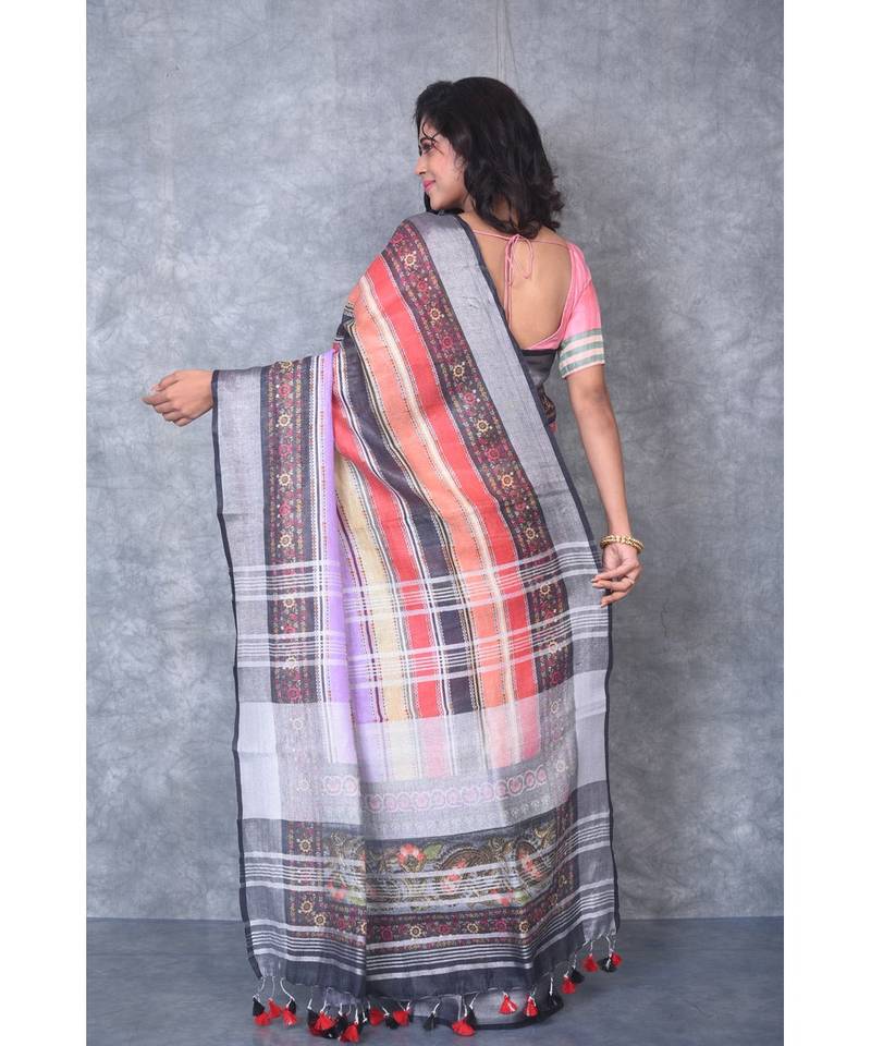 multicolor Handloom Linen digital print sarees